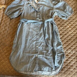 GAP Blue Midi Dress with Puff Sleeves, Tie Front, and Pockets